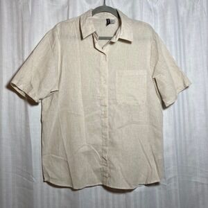 H&M Divided Mens Small Beige Cotton Linen Blend‎ Short Sleeve Button Up Shirt